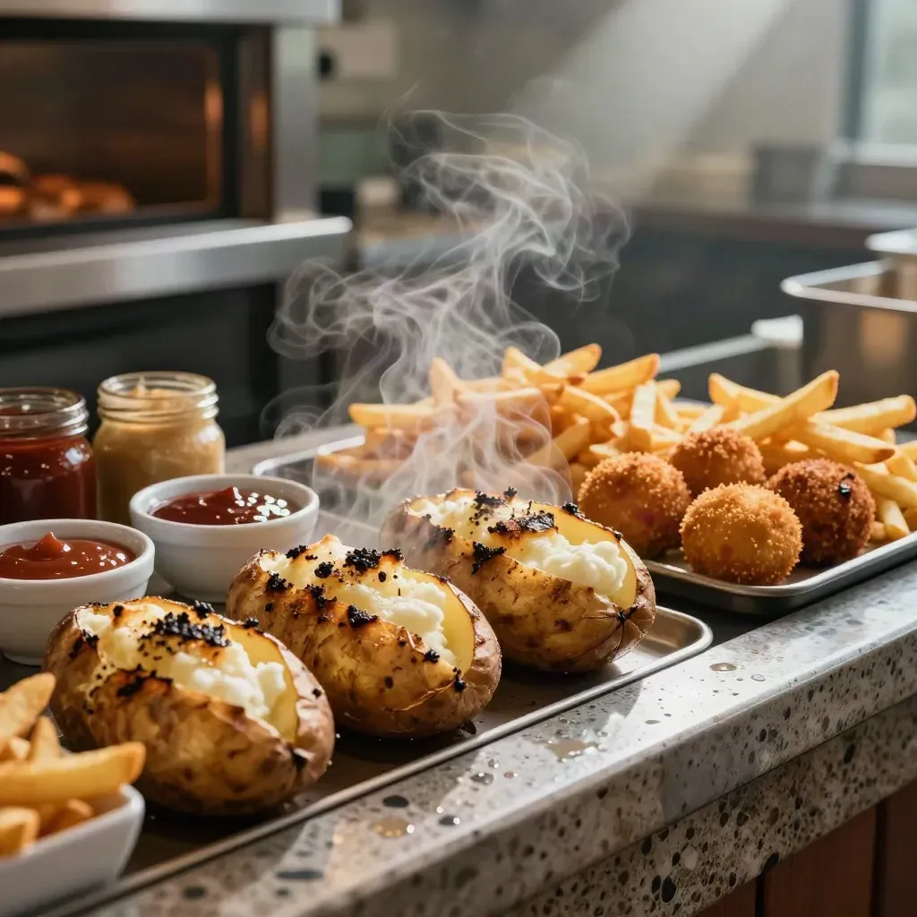 Banco Patateria con patate al forno, fries, crocchette e vapore in una cucina reale