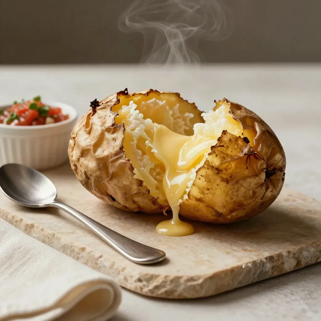 Patata al forno aperta con burro, formaggio filante e salsa su pietra chiara.
