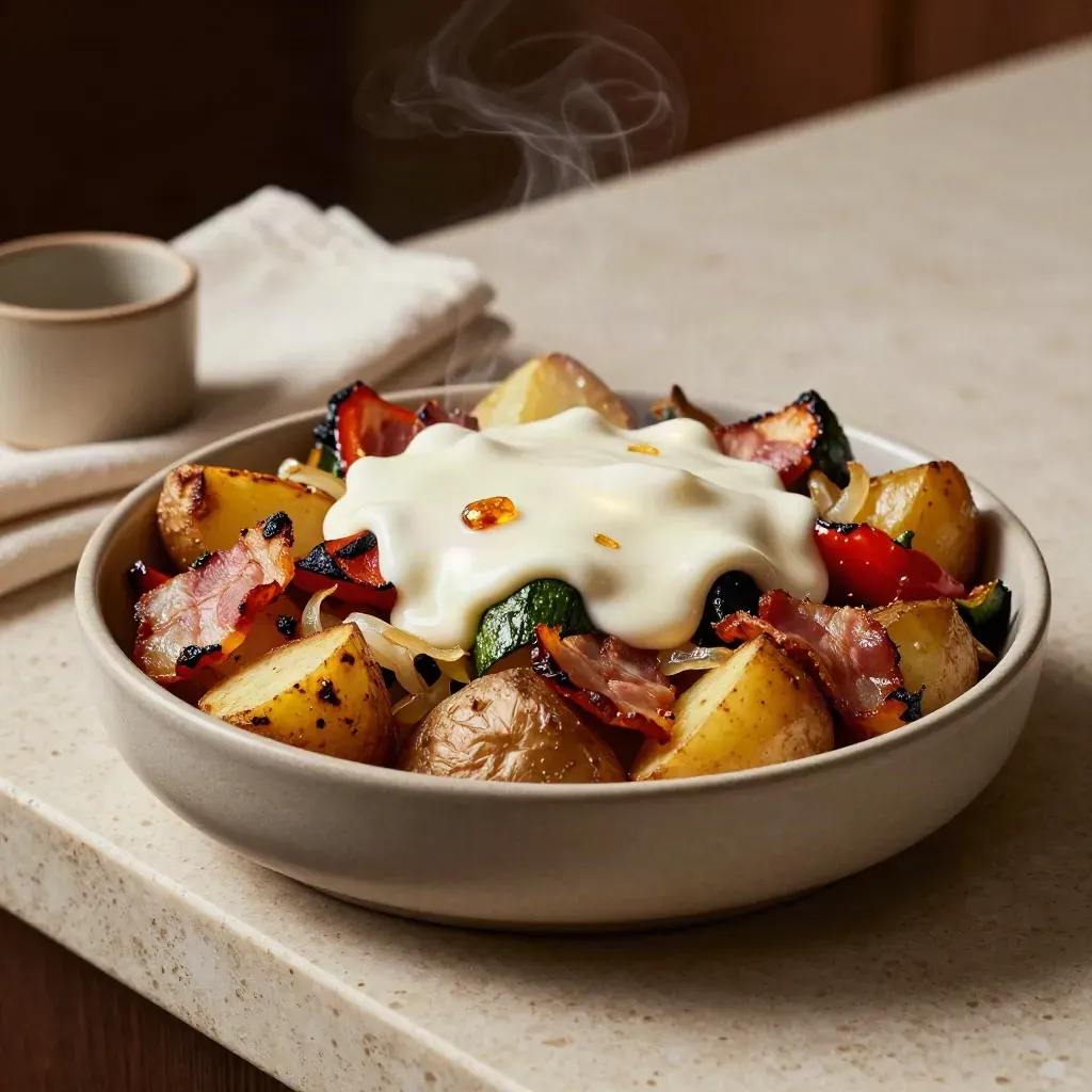 bowl di patate con verdure grigliate, bacon e salsa bianca su fondo caldo