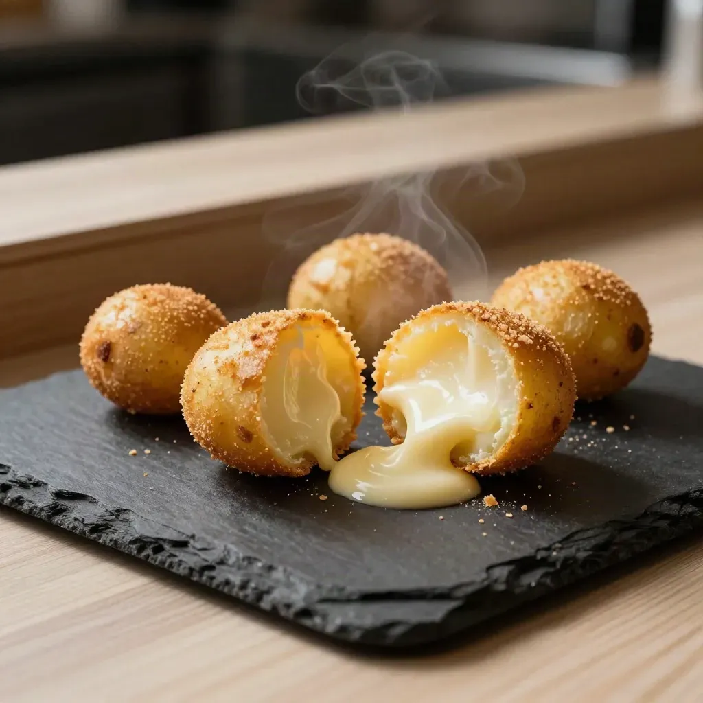 Crocchette di patate spezzata con cuore cremoso e aioli su ardesia scura.