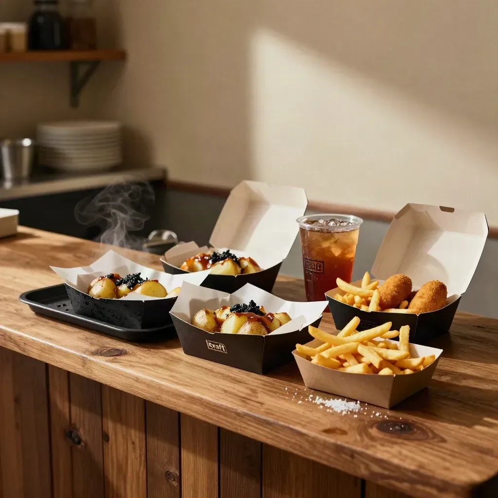 Set famiglia in kraft con patate, fritti e bibite su tavolo caldo, con vapore e luce morbida.