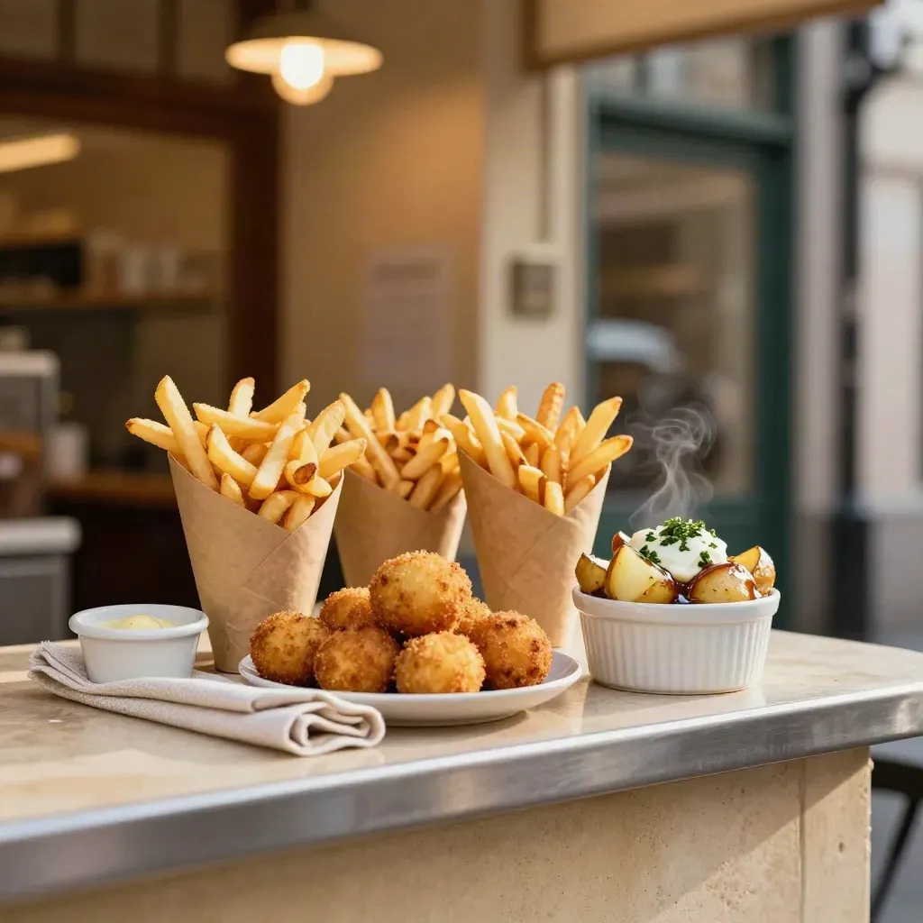 Coni di fries, crocchette e bowl di patate su banco takeaway caldo, pronto per il ritiro.