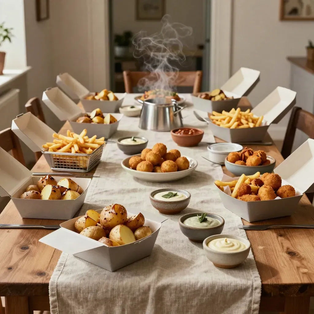 Tavolo rustico pieno di patate al forno, fries, salse e vapore per una cena di famiglia.