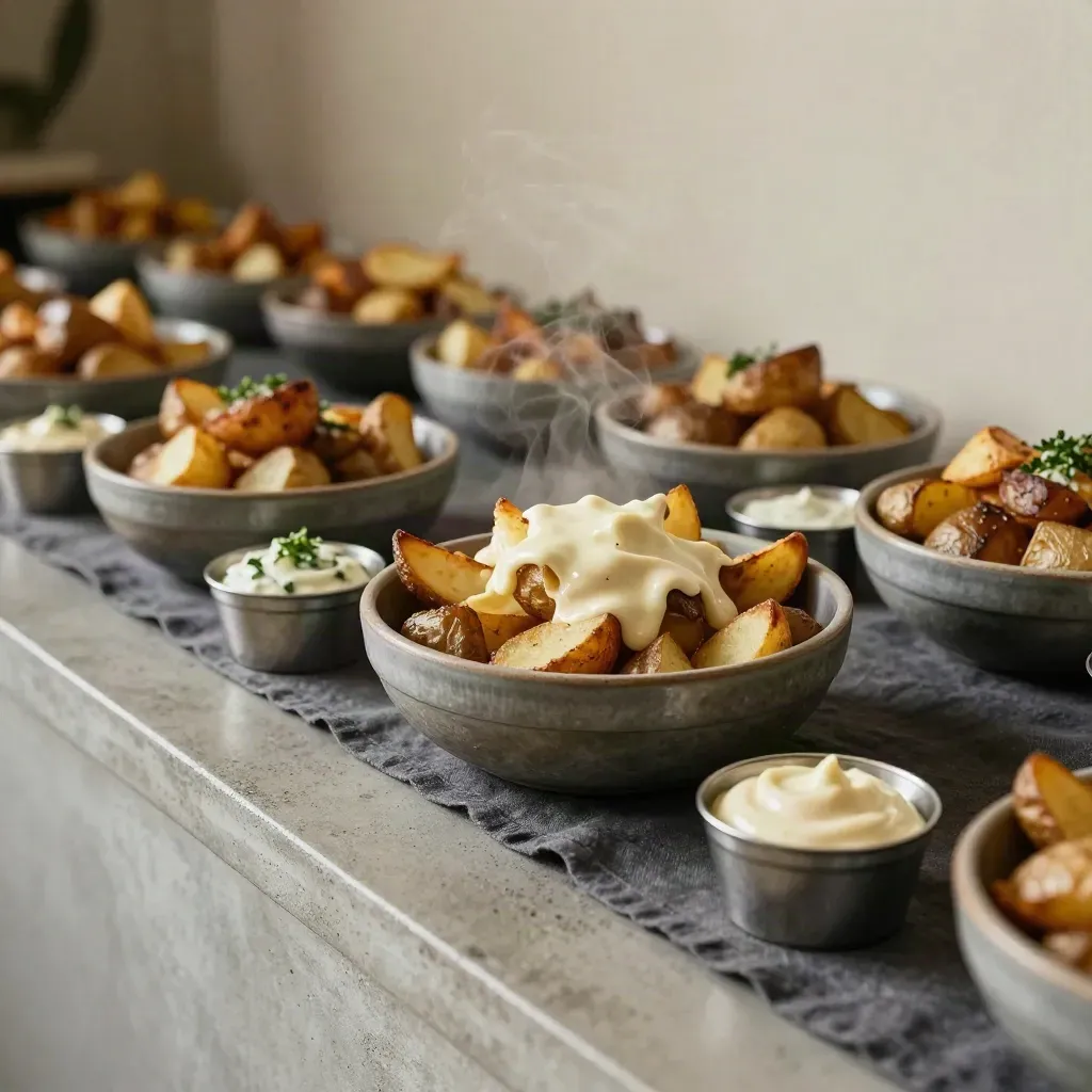 Vista dall’alto di bowl di patate per catering, salse in rame, vapore e vassoi in acciaio.