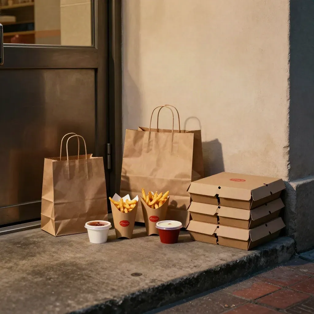 Sacchetti takeaway e coni di fries pronti all’uscita serale, in luce calda di crepuscolo.