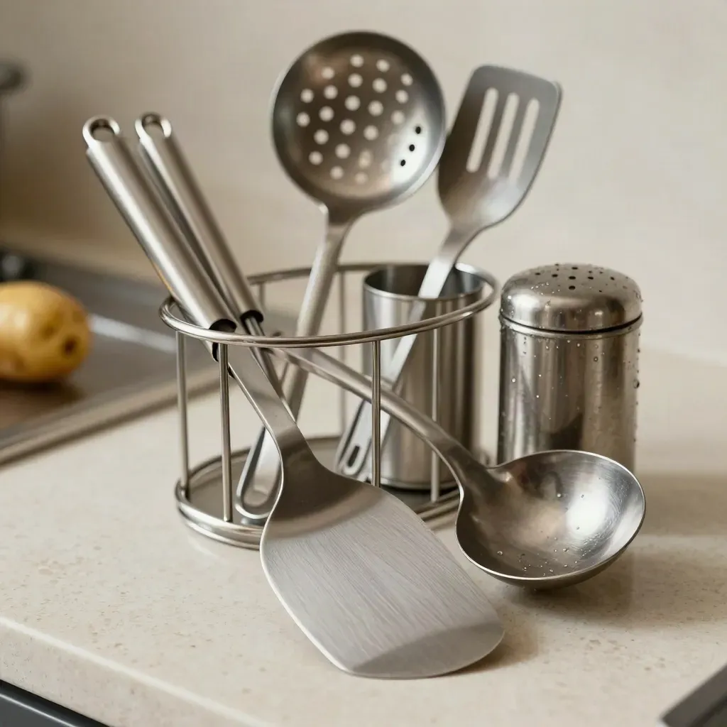 Caddy di utensili da cucina in metallo vissuto su travertino, con spatola, pinze e mestolino.