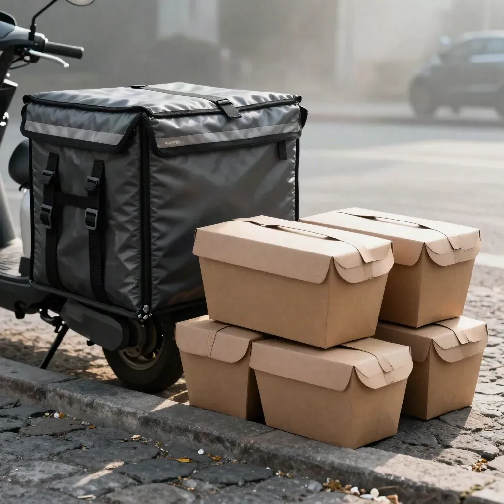 Scatole termiche e borse delivery allineate accanto a uno scooter, in mattina nebbiosa.