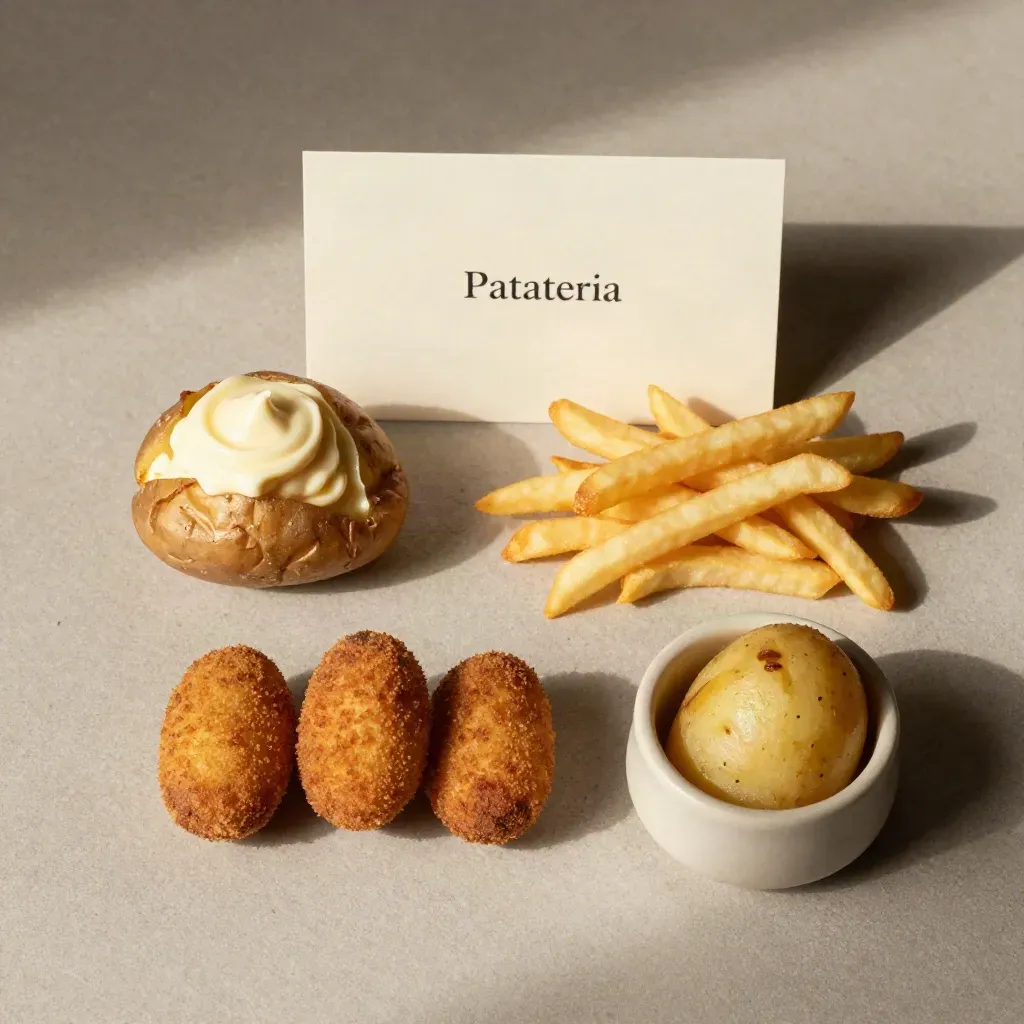 Quattro assaggi di patate in flatlay: patata al forno, fries, crocchette e bowl su pietra chiara.