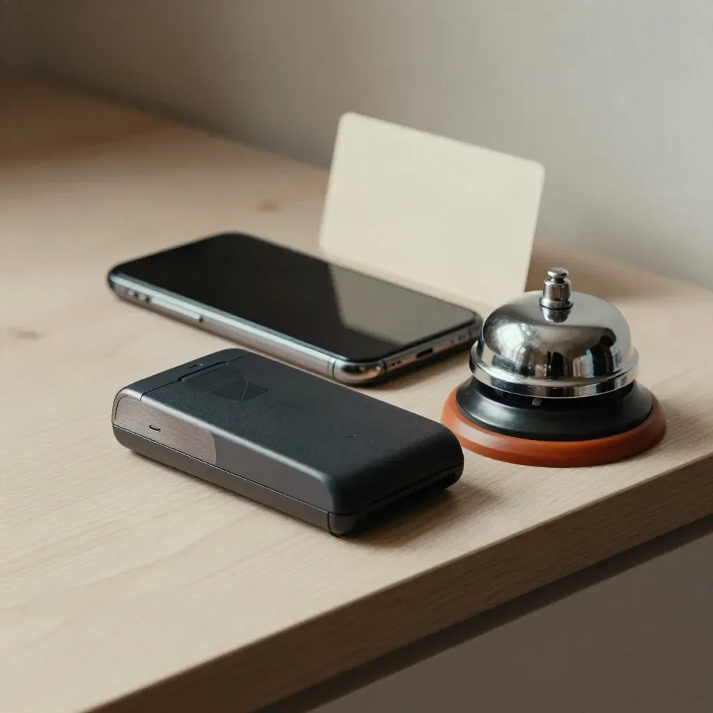 Terminale contactless, telefono in custodia scura e campanello su legno chiaro.