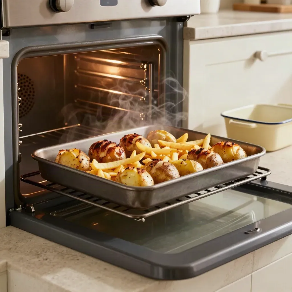 Forno aperto con teglia di patate, fries e crocchette dorate e pirofile smaltate