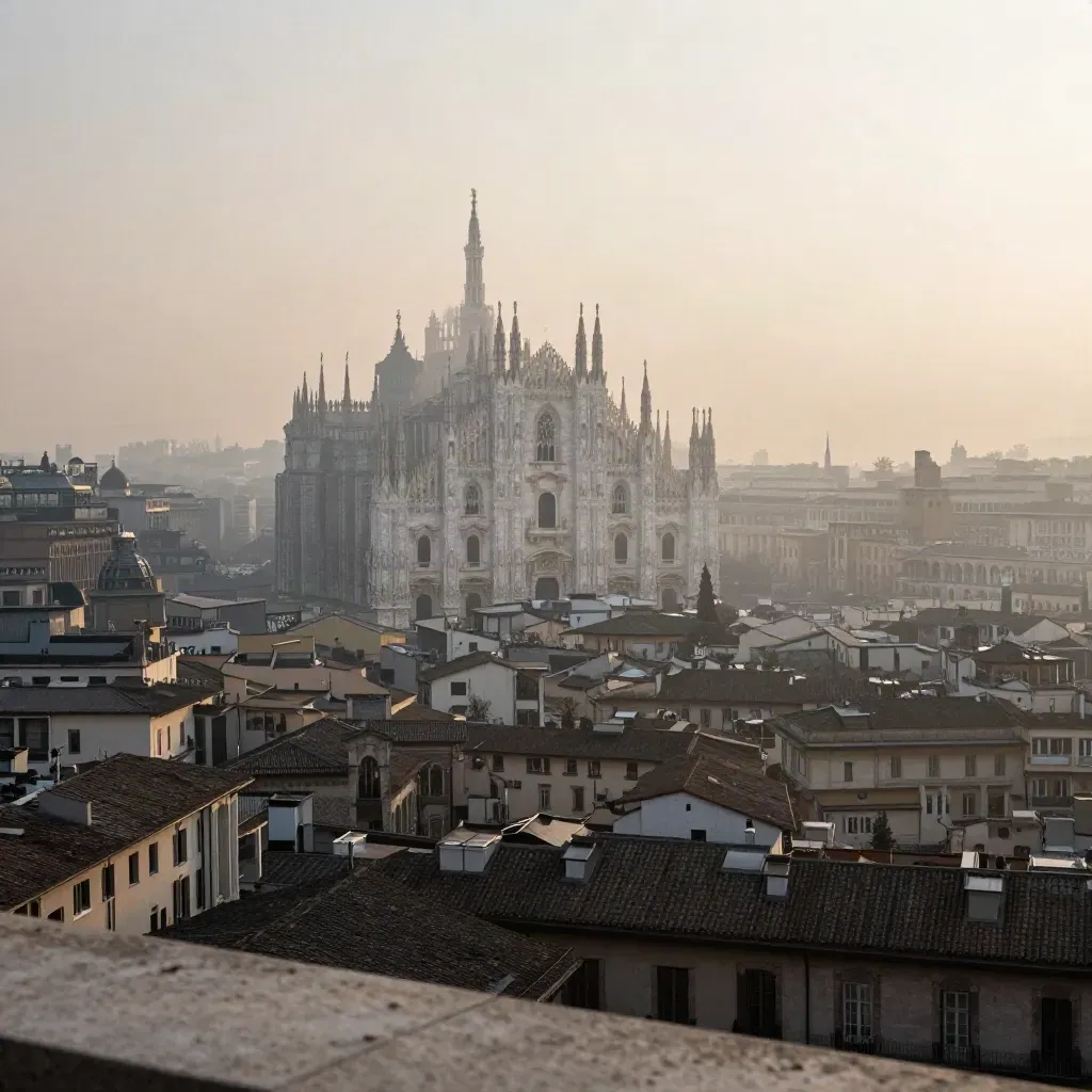 Duomo di Milano in controluce nella foschia mattutina, tetti bassi e cielo lattiginoso.
