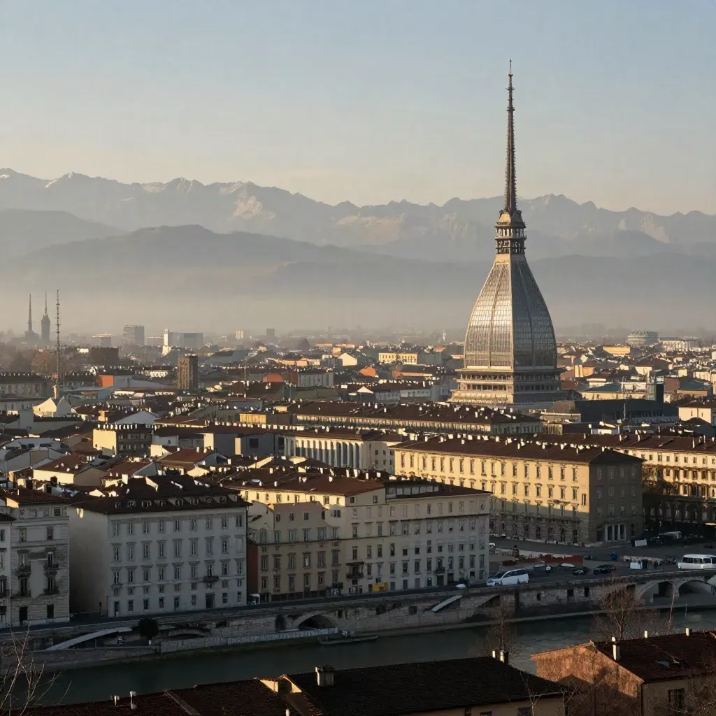 Torino con la Mole e le Alpi lontane in foschia calda, vista ampia e tranquilla