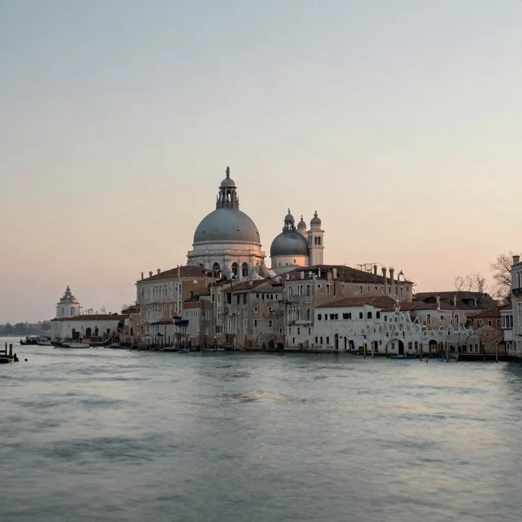 Venezia sulla laguna al tramonto, campanili e cupole nella foschia con riflessi dorati sull’acqua