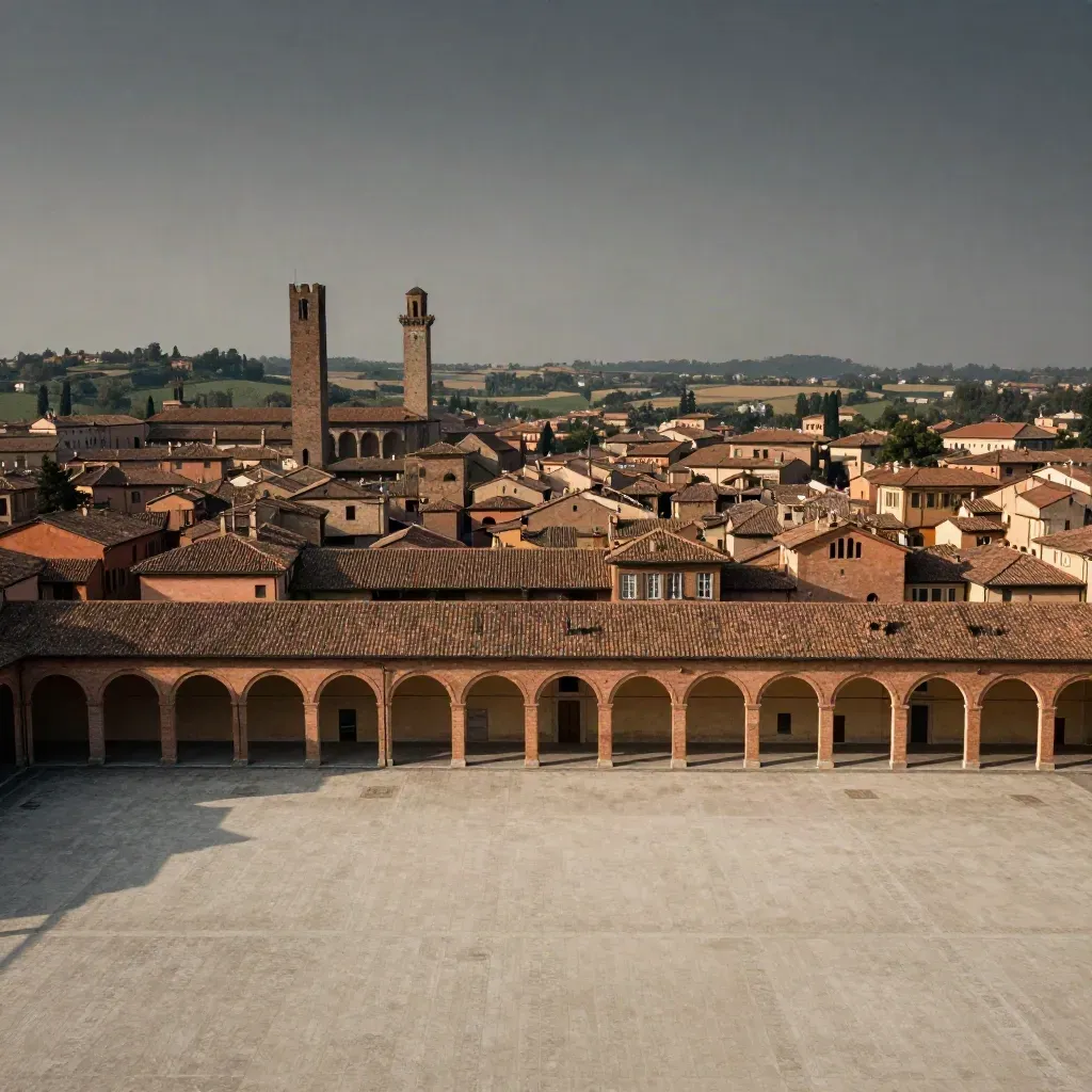 Panorama caldo di Bologna e campagna emiliana con portici e torri lontane